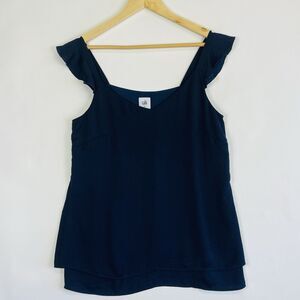 Cabi Navy Blue Satin Ruffle Cap Sleeve Tank Top V-Neck Shirt Womens Medium‎